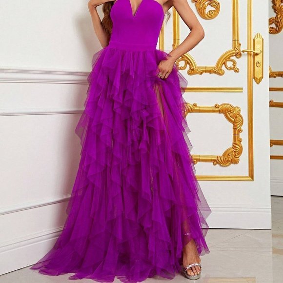 Purple Preppy Womens Split Thigh Mesh Overlay Tube Dress - Picture 2 of 5